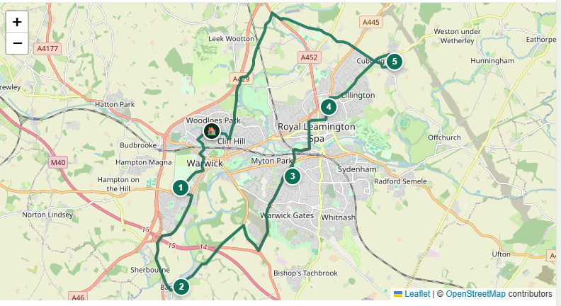 The day's route on a map of Warwick, Barford, Royal Leamington Spa and Cubbington: the depot and five numbered stops, joined in the order they are driven.